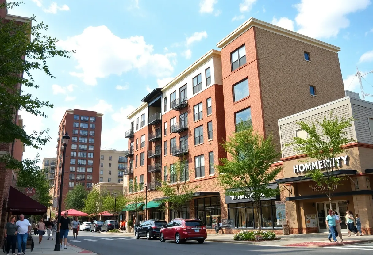 Community scene in Homewood, Alabama with new buildings and local celebrations