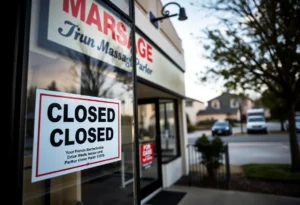 Exterior view of a closed massage parlor in Hoover, Alabama.