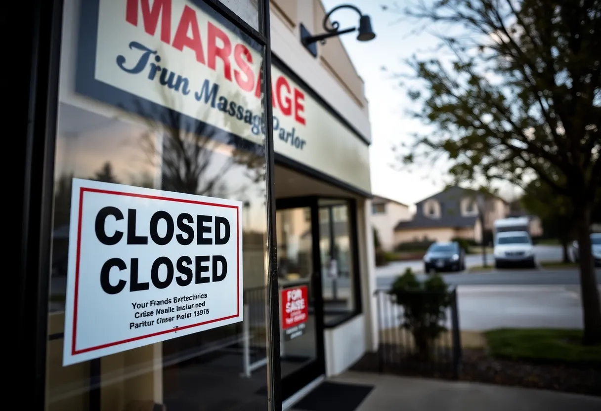 Exterior view of a closed massage parlor in Hoover, Alabama.