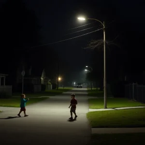 Illustration of a neighborhood at night, symbolizing tragedy.