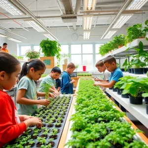 Students engaging in the hydroponic classroom at Bush Hills STEAM Academy