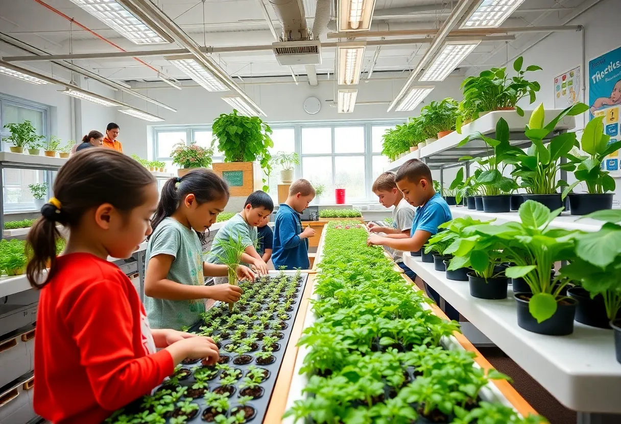 Students engaging in the hydroponic classroom at Bush Hills STEAM Academy