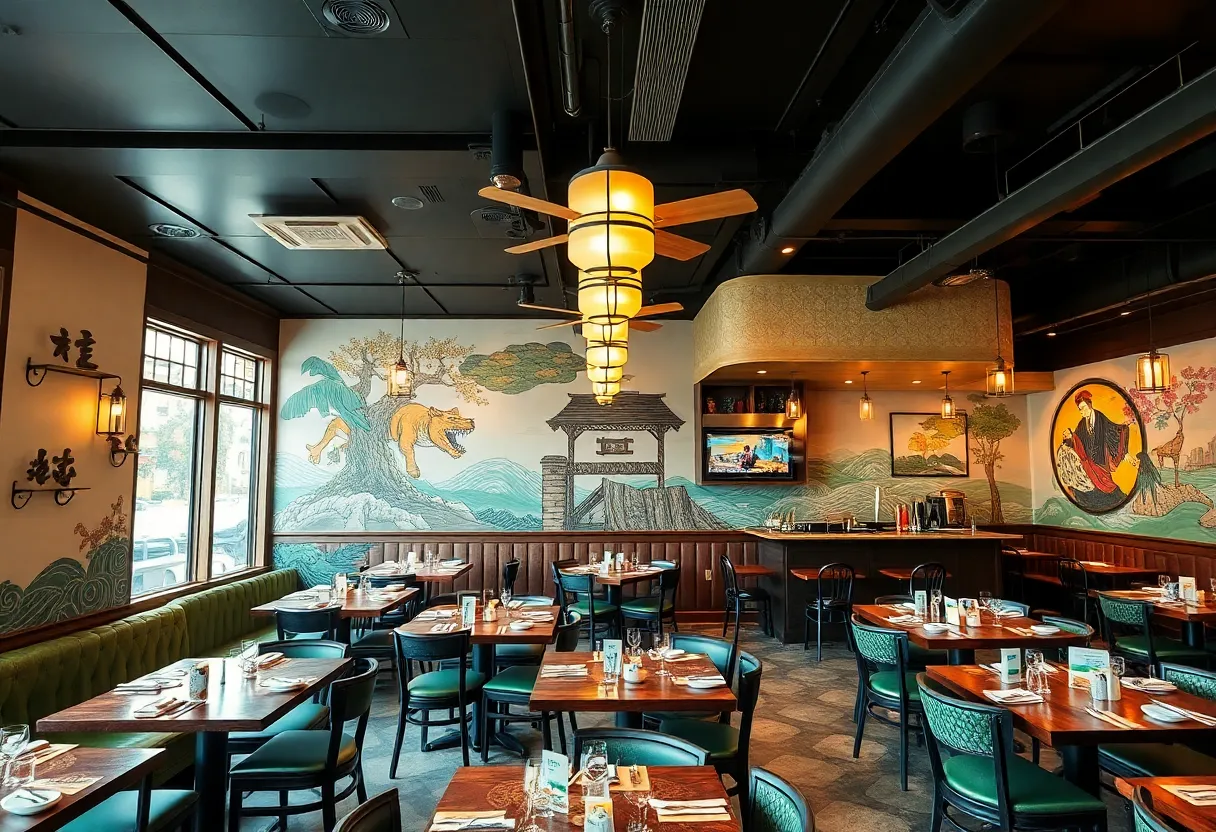Interior view of Johin’na restaurant highlighting Japanese-Southern fusion design.