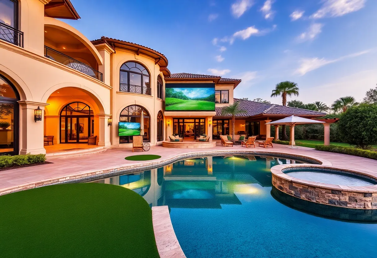 Exterior view of a luxury mansion in Birmingham, Alabama with golf amenities.