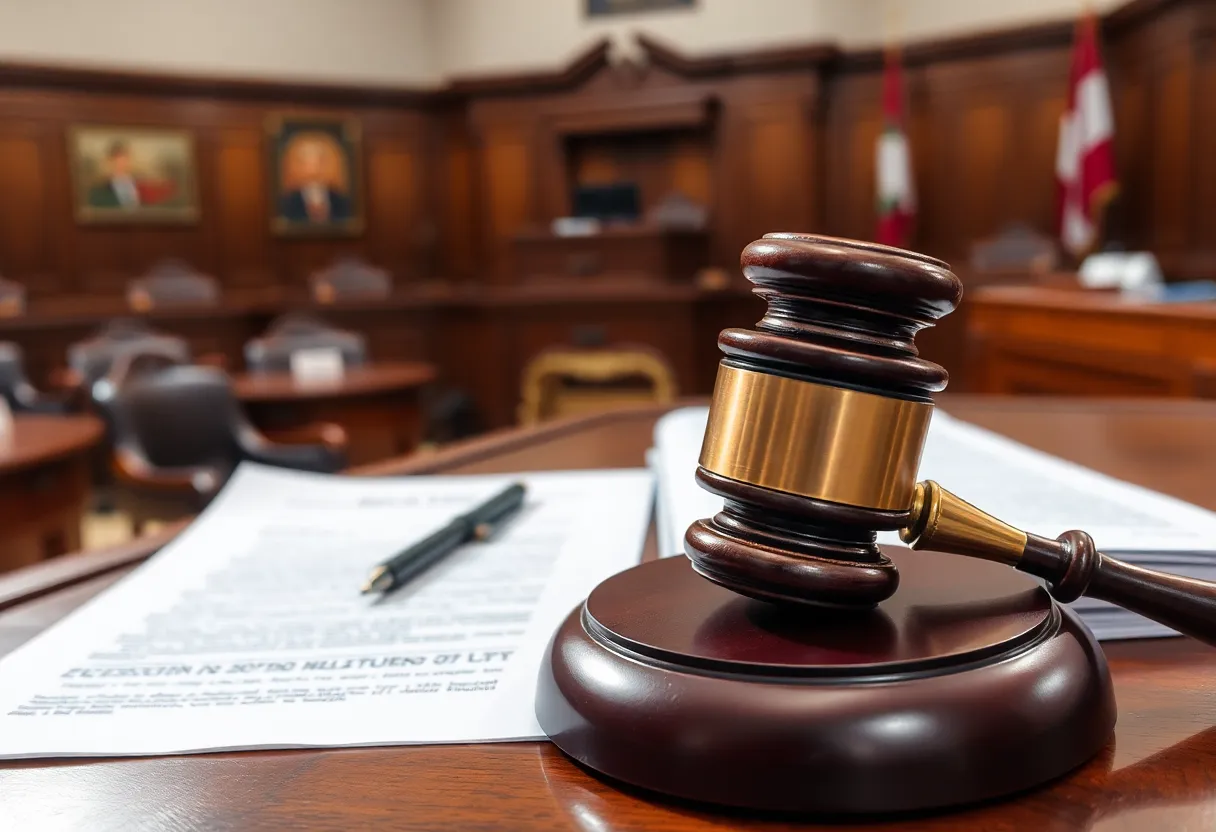 Courtroom scene depicting legal documents and a judge's gavel.