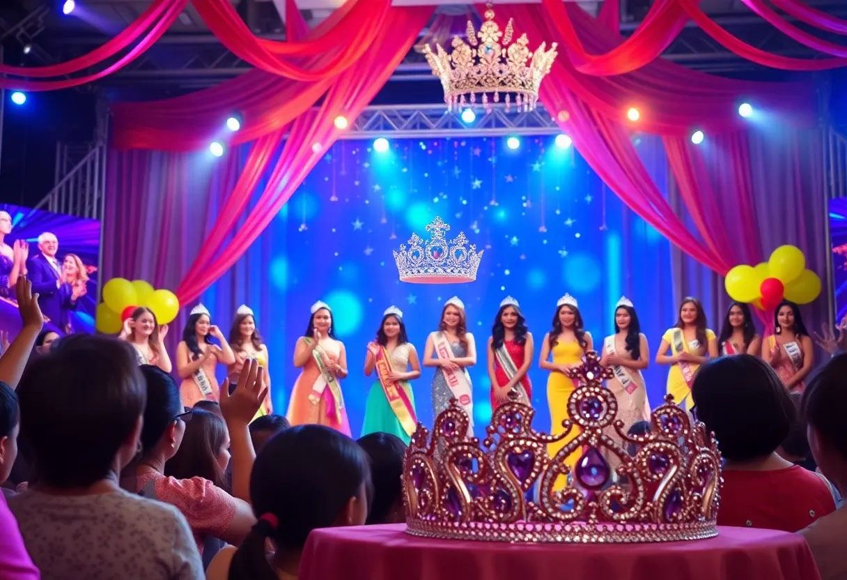 Contestants on stage at the Miss America pageant with a crown