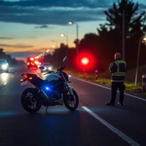 Scene of a motorcycle crash with emergency services present