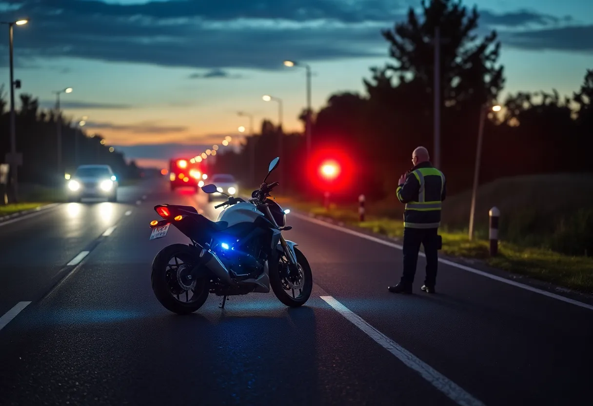 Scene of a motorcycle crash with emergency services present