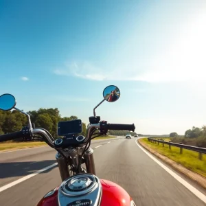 A motorcycle riding on a highway surrounded by trees
