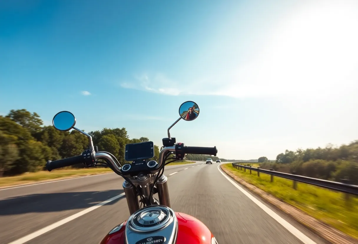 A motorcycle riding on a highway surrounded by trees