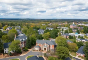 Aerial view of Mountain Brook showcasing homes and schools.