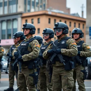 National Guard troops deployed in an urban area for public safety
