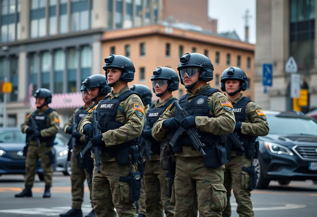 National Guard troops deployed in an urban area for public safety