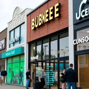 Scene of new business openings in Birmingham, showcasing various storefronts.