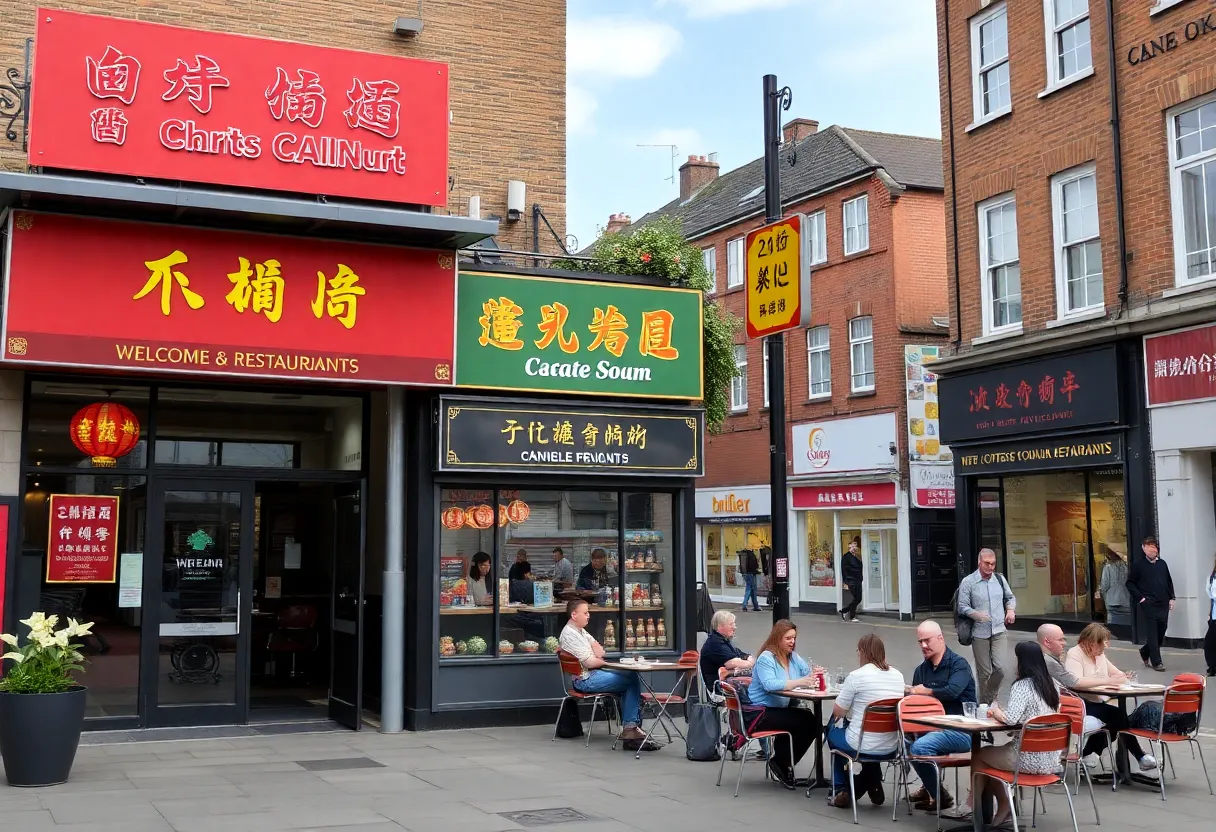 Newly opened Chinese restaurants in Birmingham with people enjoying meals outside.