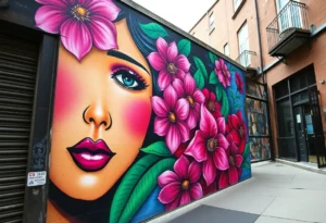 Vibrant mural depicting a woman's face with flowers in downtown Birmingham