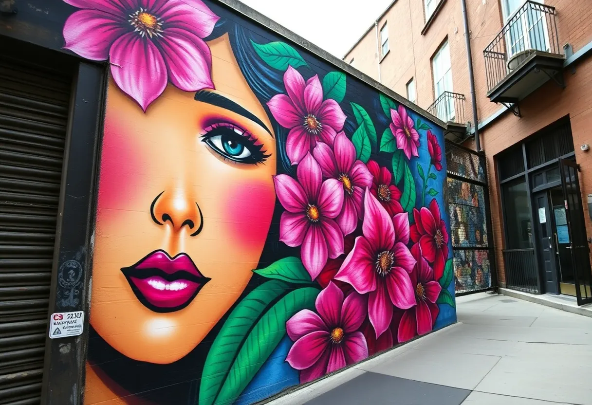 Vibrant mural depicting a woman's face with flowers in downtown Birmingham