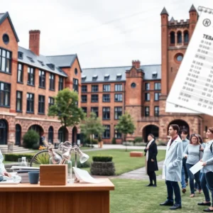 A university campus symbolizing the impact of NIH funding cuts on research and employment.