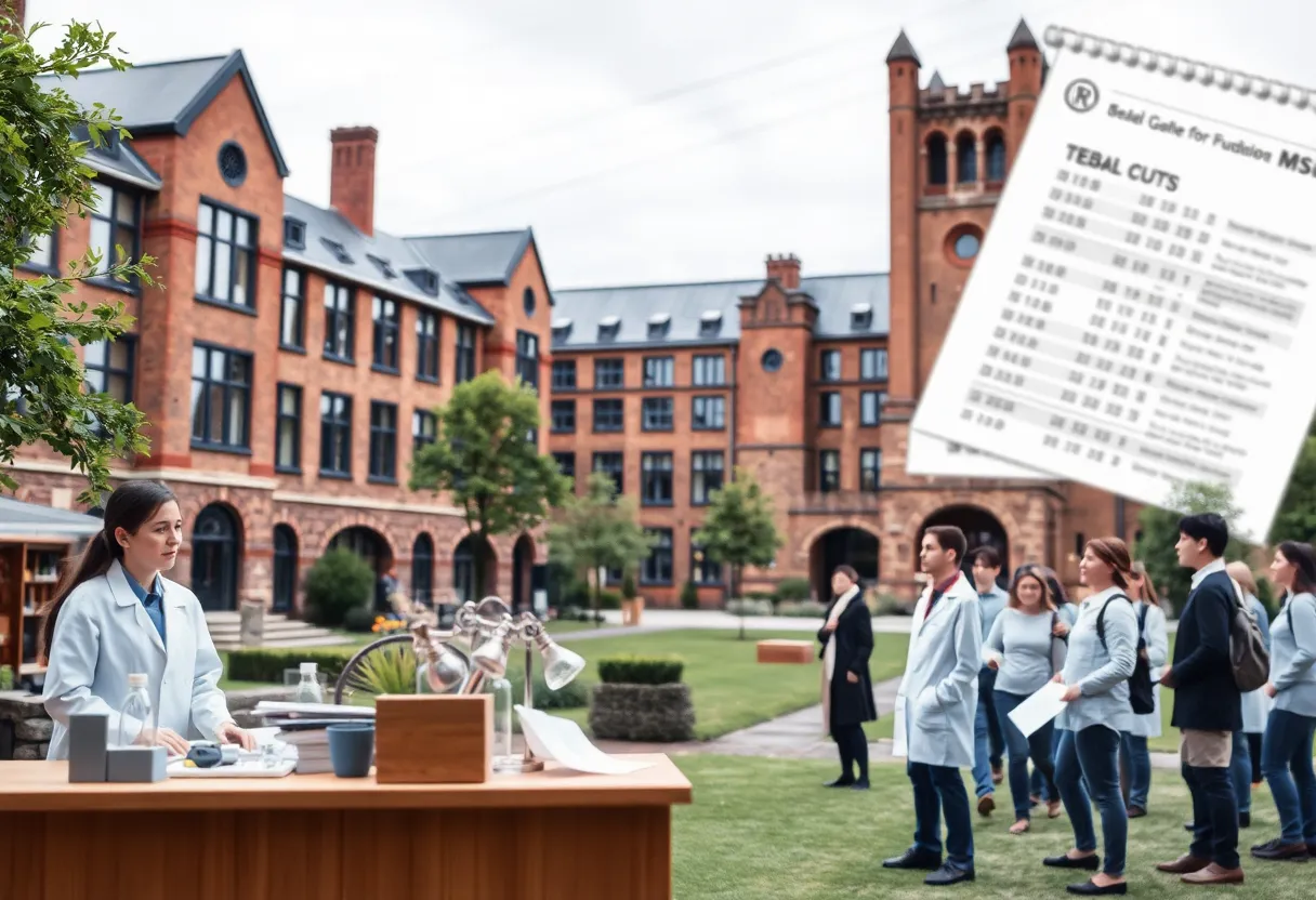A university campus symbolizing the impact of NIH funding cuts on research and employment.