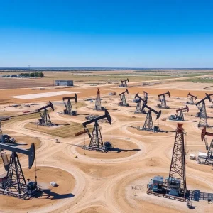 Aerial view of oil wells in Oklahoma representing energy expansion.