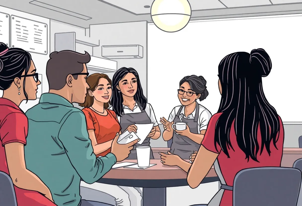 Restaurant staff participating in a training session about religious accommodations.