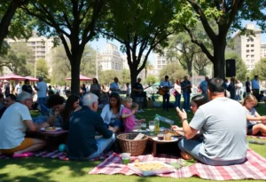 Families enjoying the 15th anniversary picnic at Railroad Park in Birmingham
