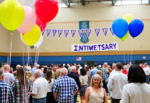 Alumni and community members gather for Ramsay High School's anniversary celebration in a gymnasium.