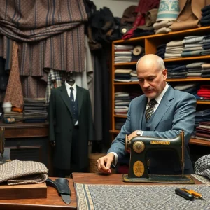 Custom tailoring workshop filled with fabrics and tailoring tools.