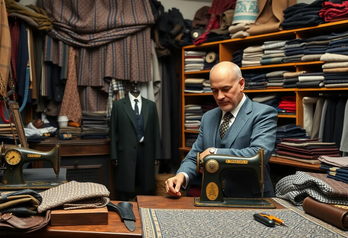 Custom tailoring workshop filled with fabrics and tailoring tools.