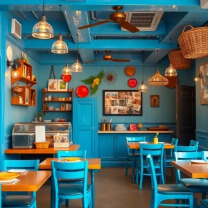 Interior view of Senlek Thai Rice and Noodles with bright blue decor