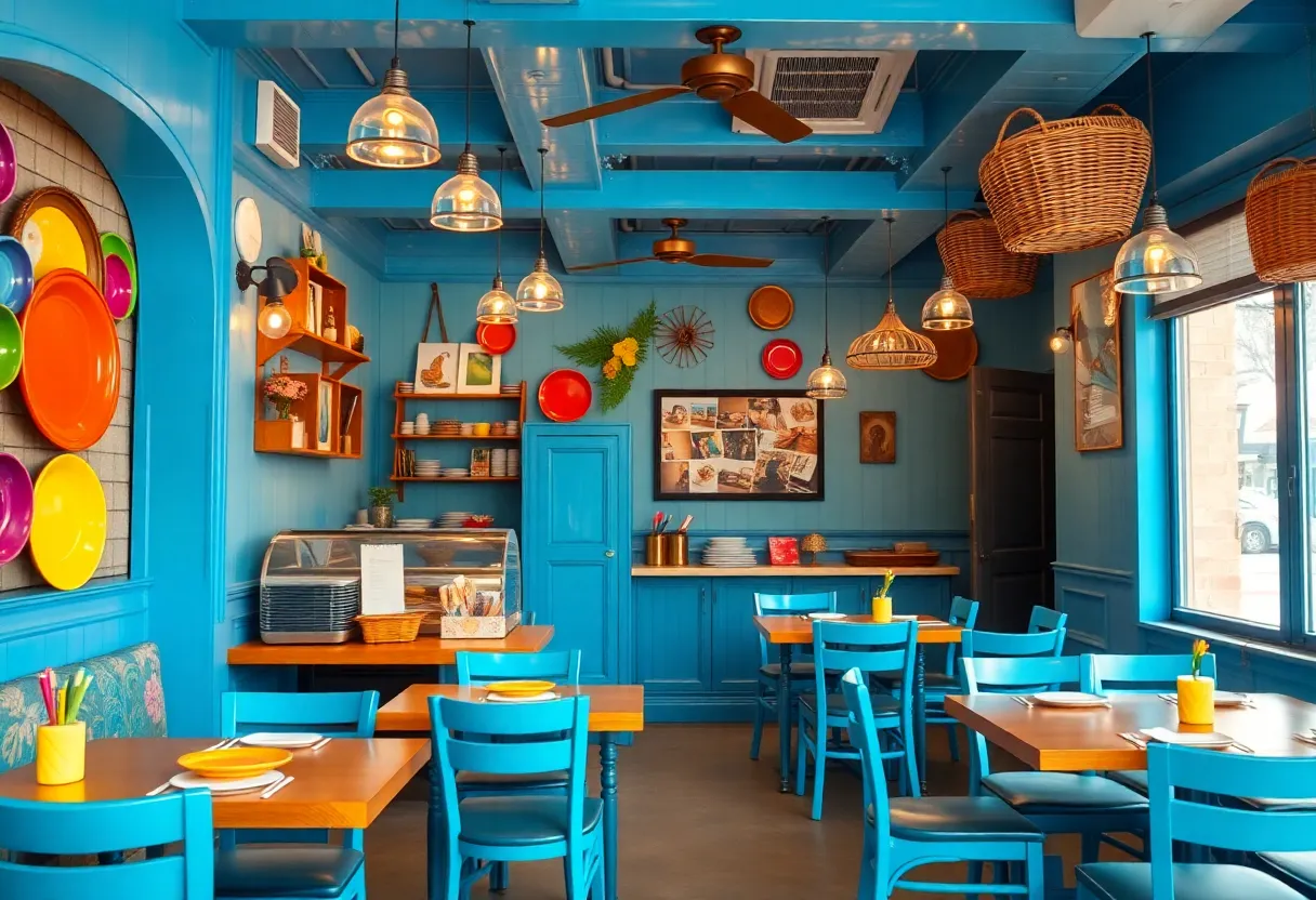 Interior view of Senlek Thai Rice and Noodles with bright blue decor