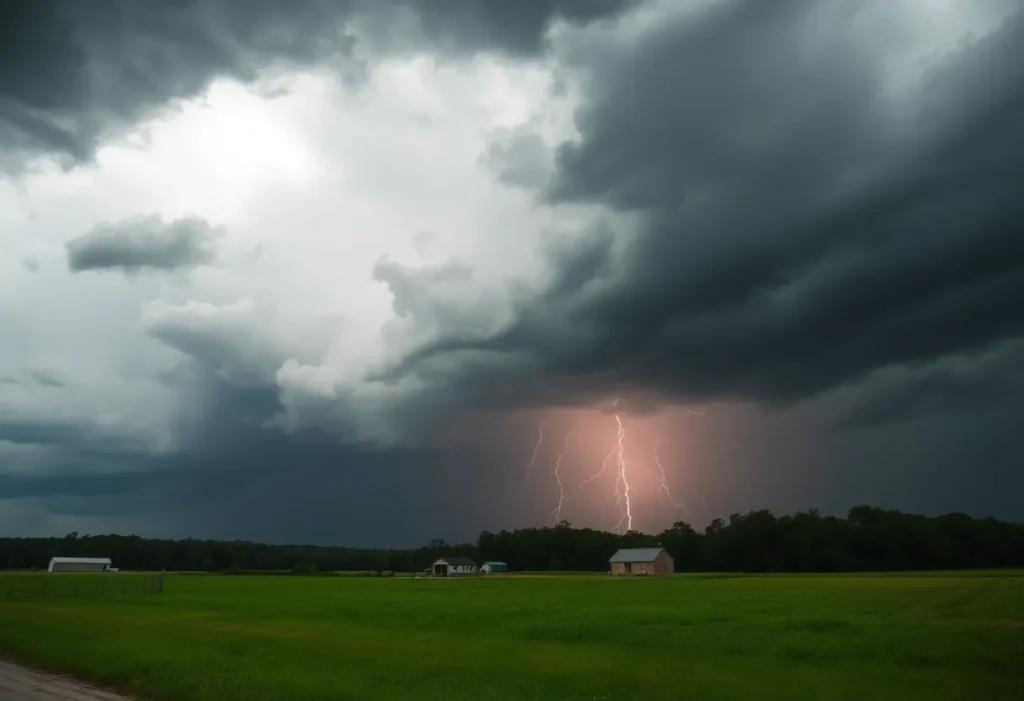 Dark clouds and lightning indicating severe weather in Alabama