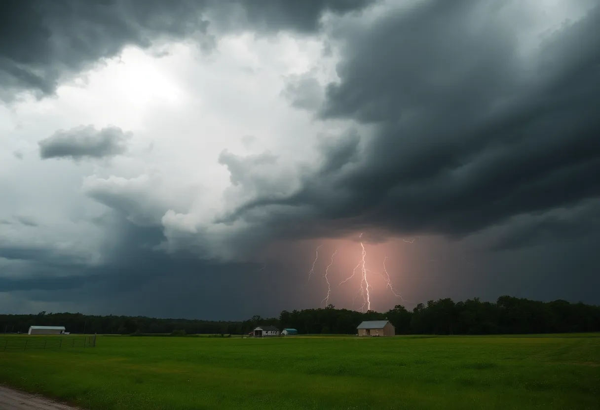 Dark clouds and lightning indicating severe weather in Alabama
