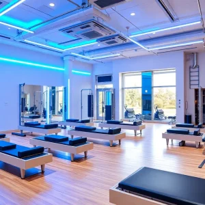 Interior of Solidcore Pilates studio with exercise equipment and neon lights