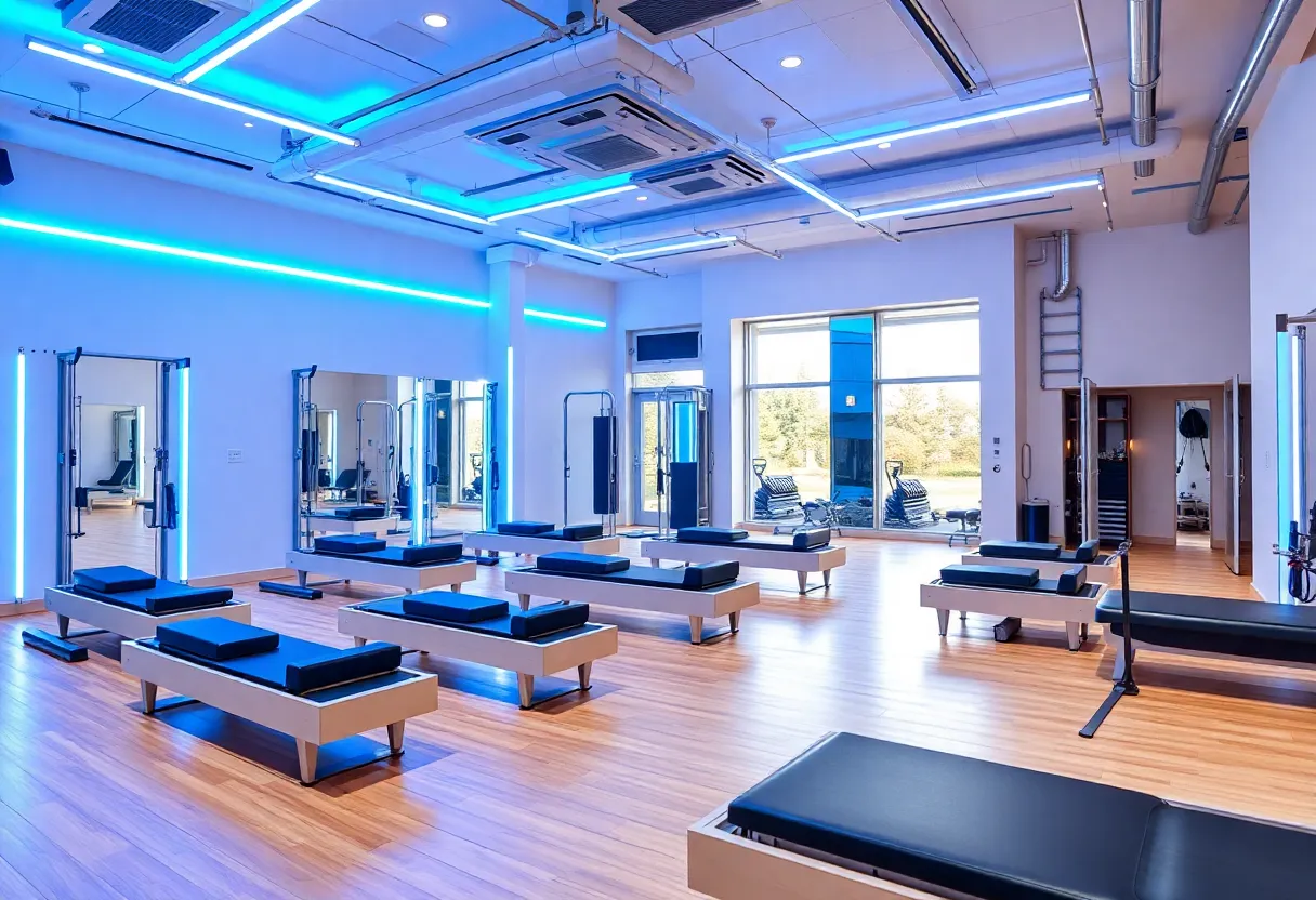 Interior of Solidcore Pilates studio with exercise equipment and neon lights