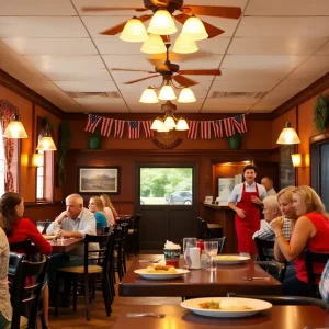 A warm restaurant atmosphere showcasing Southern hospitality with happy diners and attentive staff.