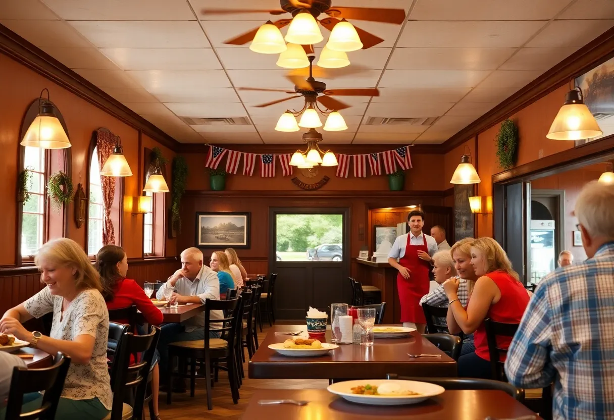 A warm restaurant atmosphere showcasing Southern hospitality with happy diners and attentive staff.
