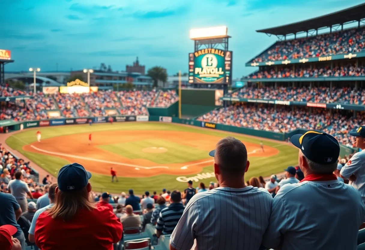 Baseball playoff game with fans cheering