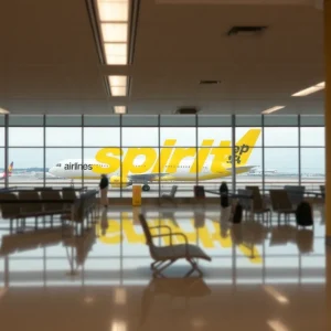 Spirit Airlines logo at an empty terminal in Birmingham airport