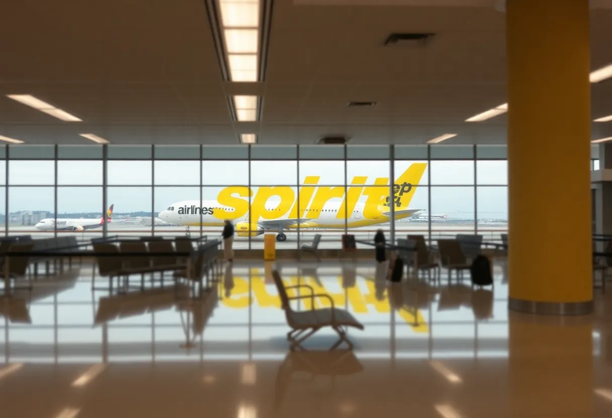 Spirit Airlines logo at an empty terminal in Birmingham airport