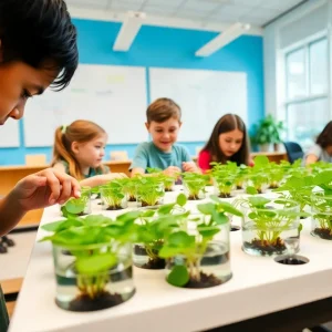 Students participating in hydroponic farming in a classroom