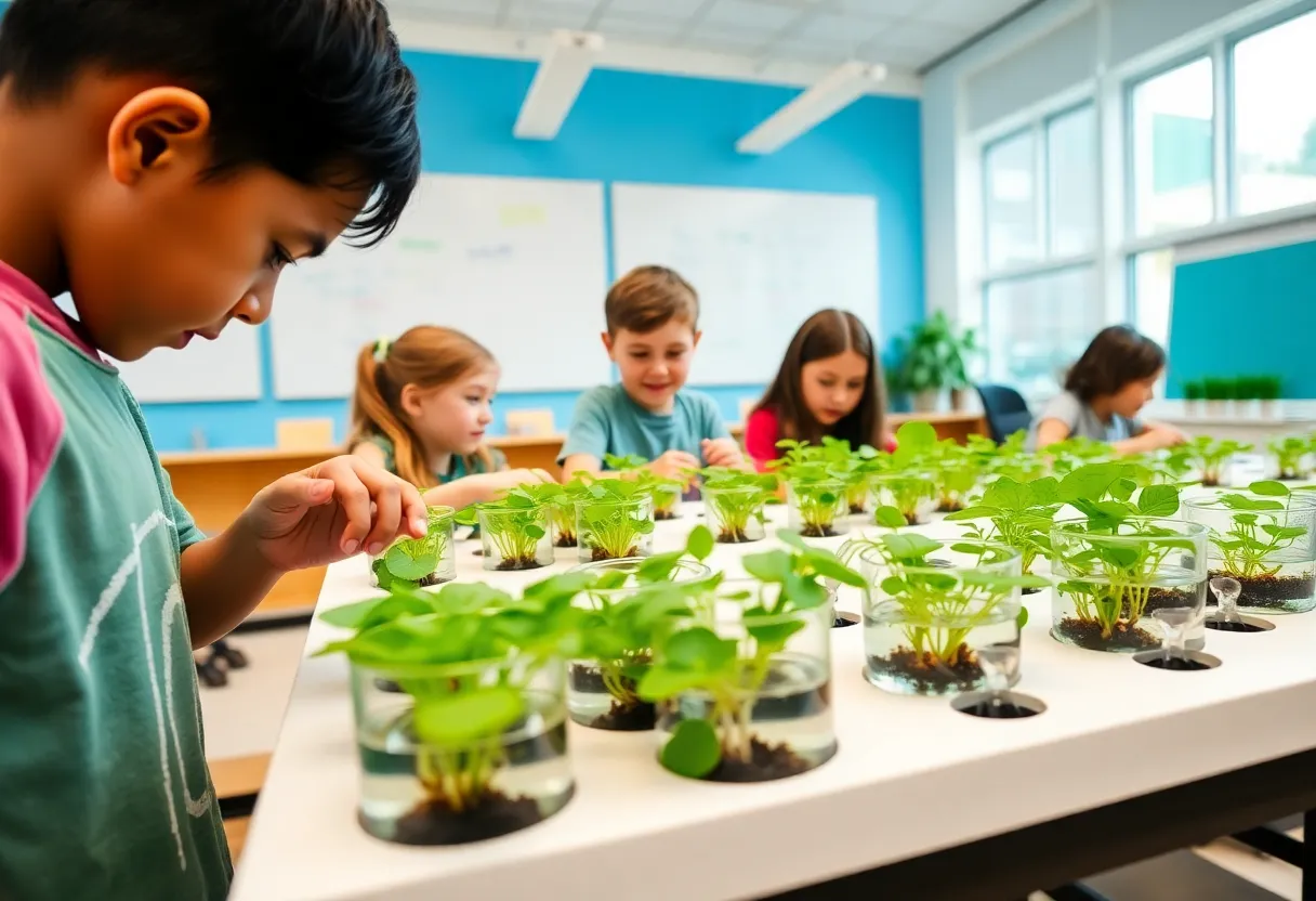 Students participating in hydroponic farming in a classroom