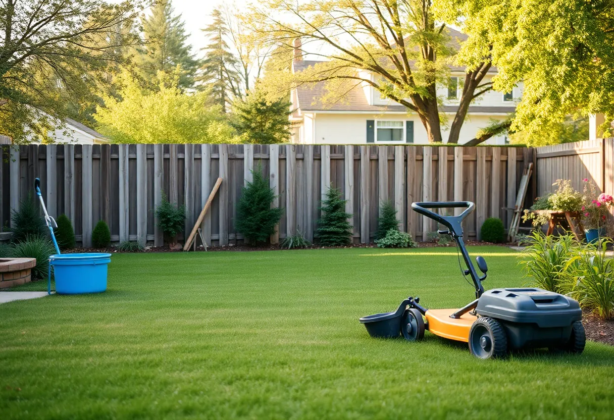 A suburban backyard depicting lawn equipment and a fenced area.