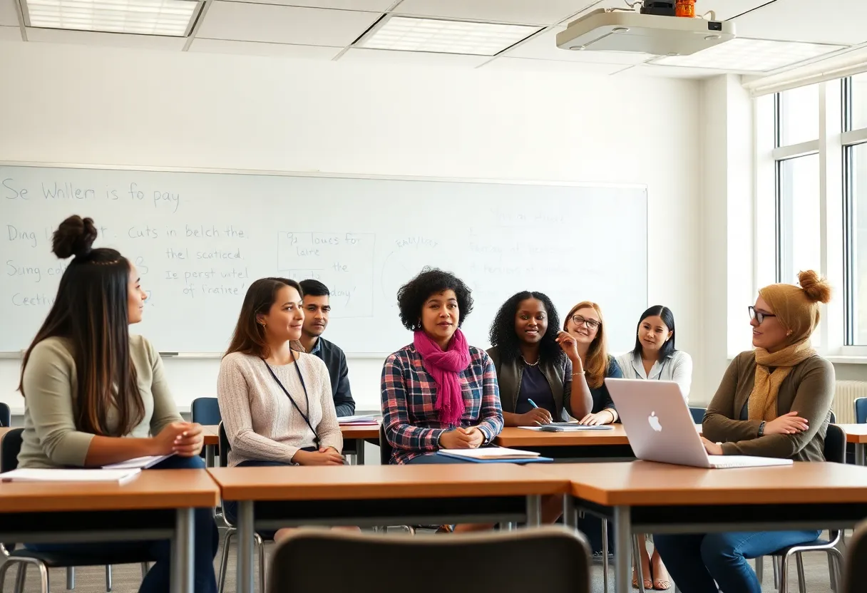 A diverse group of teachers discussing education and social media issues