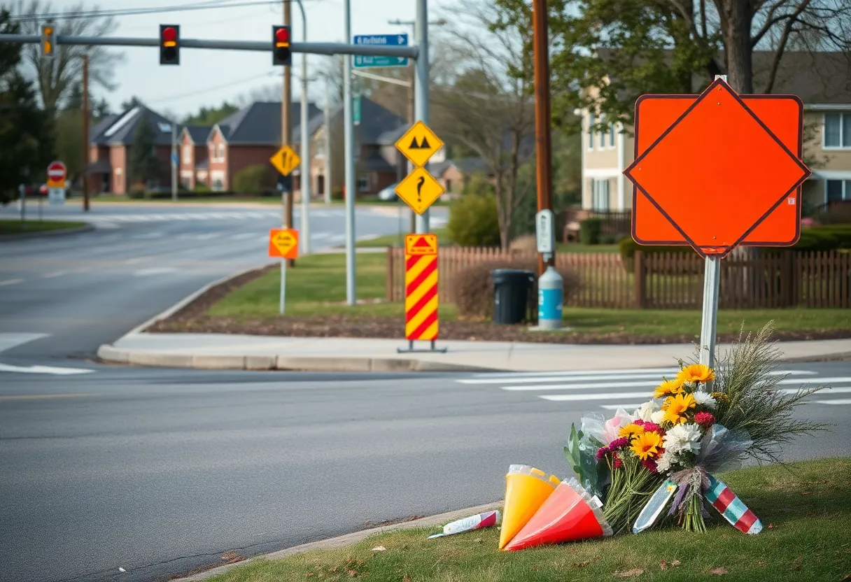 Memorial at traffic intersection for recent accident victims