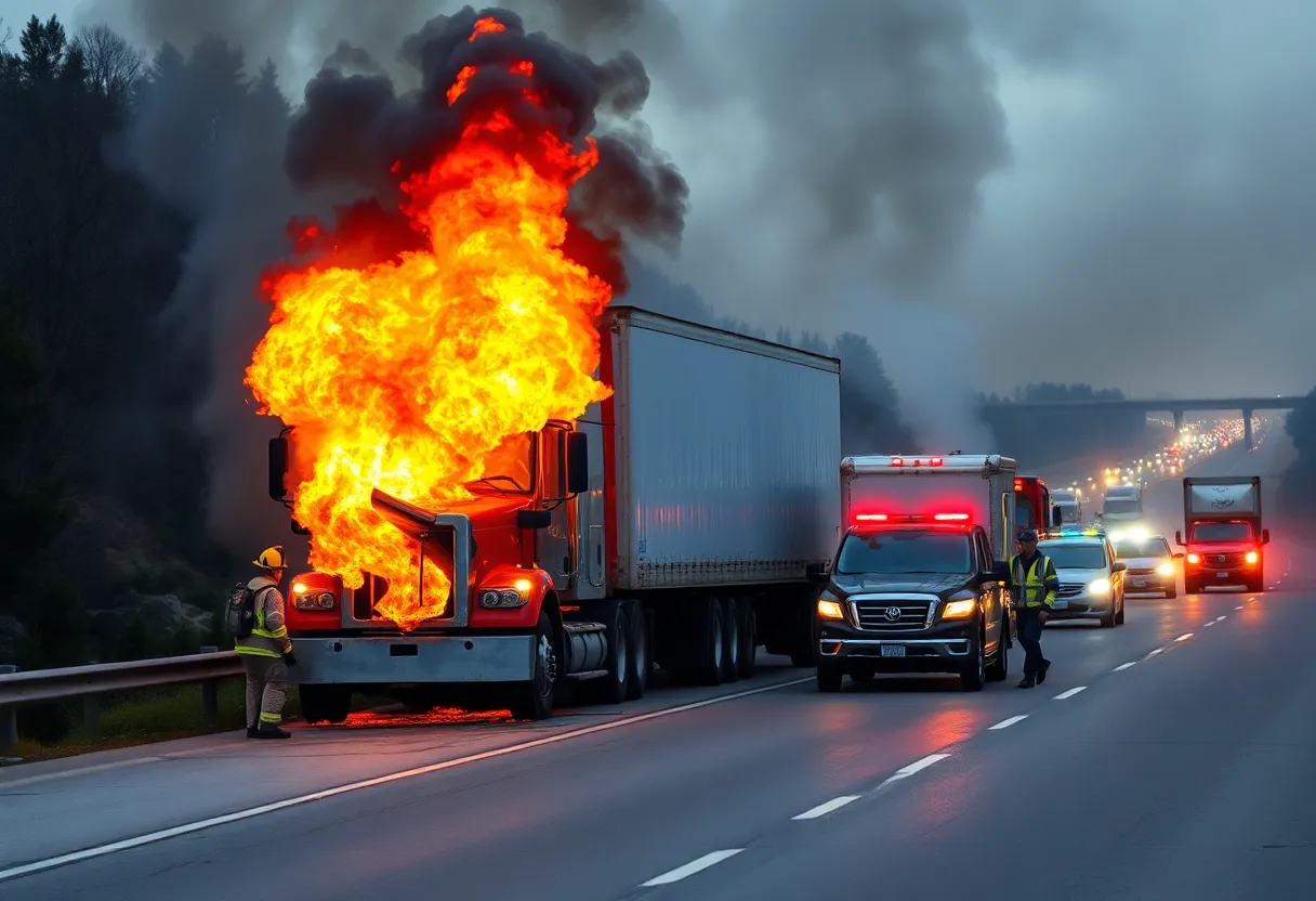 Truck fire on Interstate 65 with emergency responders