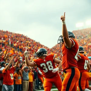 Players celebrating a touchdown in a football game.