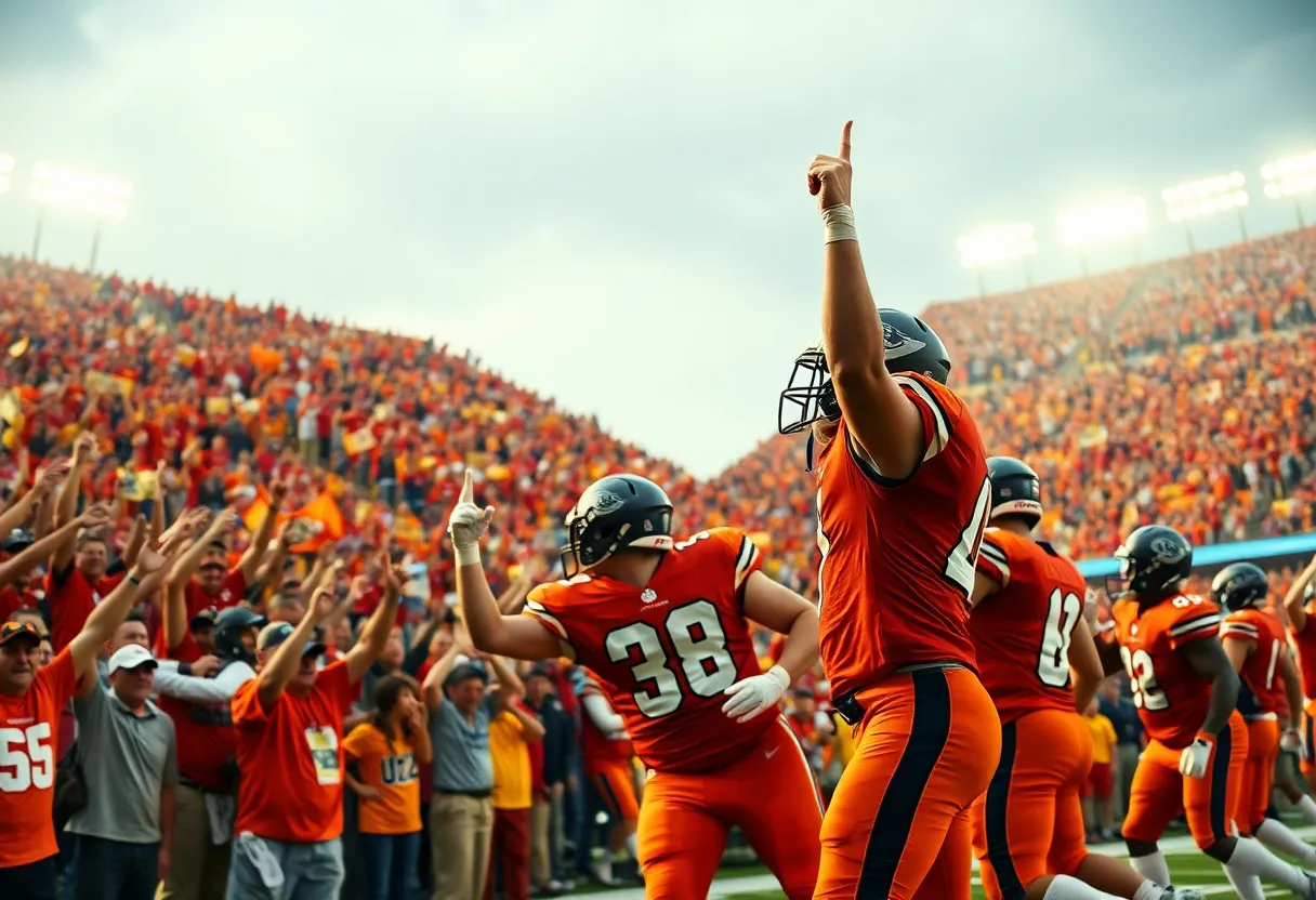 Players celebrating a touchdown in a football game.