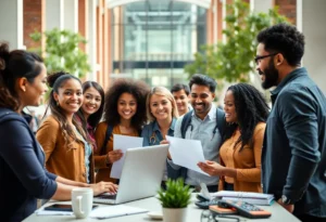 Employees collaborating on the UAB campus