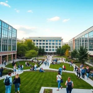 A busy campus at UAB with students enjoying their day.
